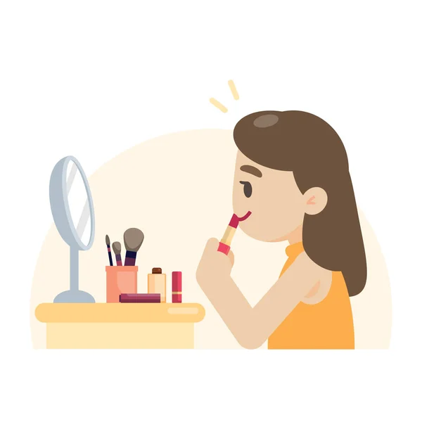 Jovem mulher bonita fazendo maquiagem rouging seus lábios, vetor doente —  Vetores de Stock