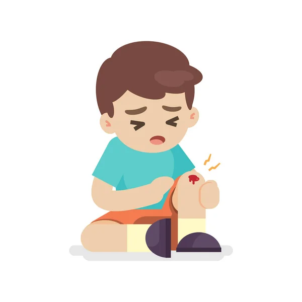 Niño con moretones en la pierna, dolor de rodilla, ilustración vectorial . — Vector de stock