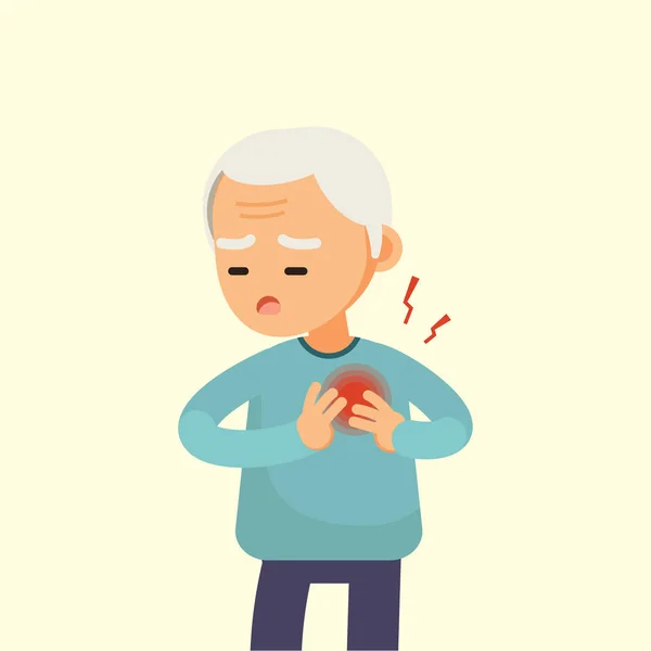 Hombre mayor que tiene un ataque al corazón, ancianos con dibujos animados dolor en el pecho, ilustración vectorial . — Vector de stock