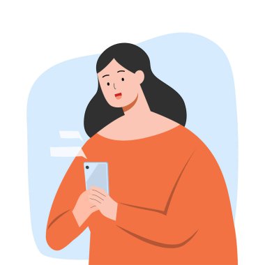 Akıllı telefondan mesaj atan mutlu kadın, vektör karakter çizimi.