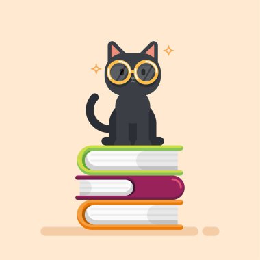 Kitap yığınının üzerinde oturan sevimli kedi, eğitim konsepti, vektör illüstrasyonu.