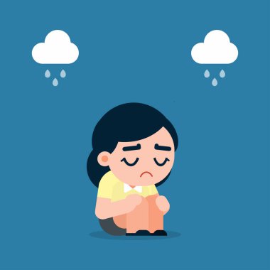 Üzgün ve yorgun iş kadını depresyonda yerde oturuyor, çizgi film çizimi..