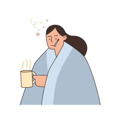 Soğuk algınlığı olan ve battaniyenin altında sıcak çay tutan ve ağzında termometre tutan bir kadın..