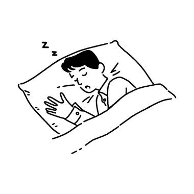 Genç adam geceleri yatakta uyuyor, iyi bir uyku konsepti, el yapımı vektör çizimi..