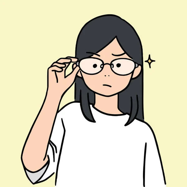 Niedliches Junges Mädchen Hob Brille Hoch Handgezeichnete Vektor Illustration — Stockvektor
