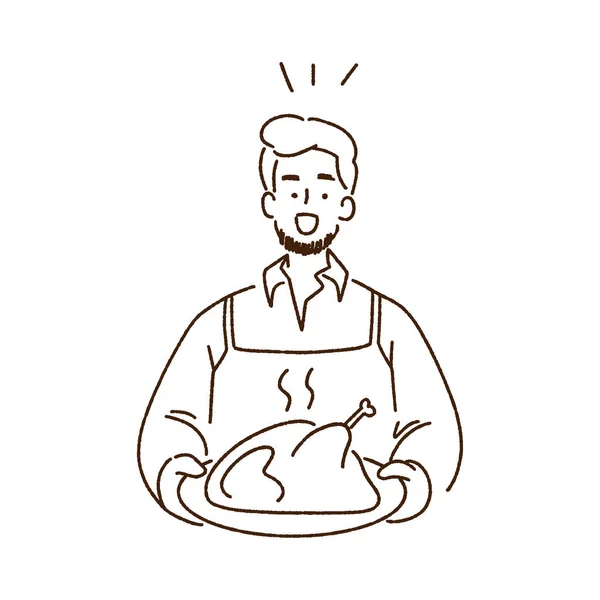 Young Man Holding Roast Turkey Roast Chicken Thanksgiving Concept Hand — Stock Vector