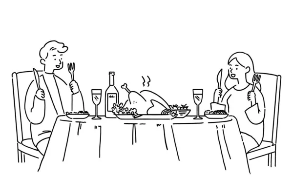 Roztomilý Pár Večeří Jídlo Pečeným Kuřetem Ručně Kreslený Styl Vektorové — Stockový vektor
