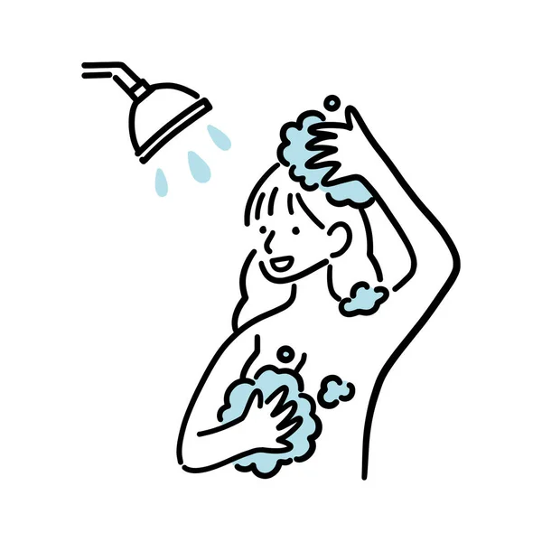Banyo Konseptinde Duş Alan Mutlu Kadın Çizimi Stil Illüstrasyon — Stok Vektör