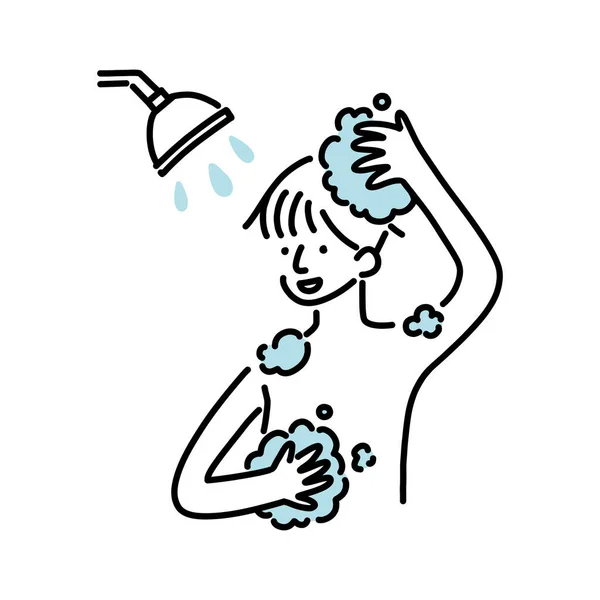 Banyo Konseptiyle Duş Alan Mutlu Adam Çizimi Stili Vektör Çizimi — Stok Vektör