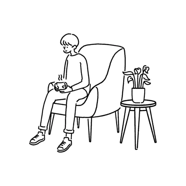Ένας Νεαρός Άνδρας Ζεστό Καφέ Κάθεται Στο Σαλόνι Εικονογράφηση Διανύσματος — Διανυσματικό Αρχείο