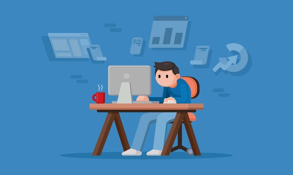 Young Man Working Home Freelance Workflow Computer Quarantine Concept Flat — Stock Vector
