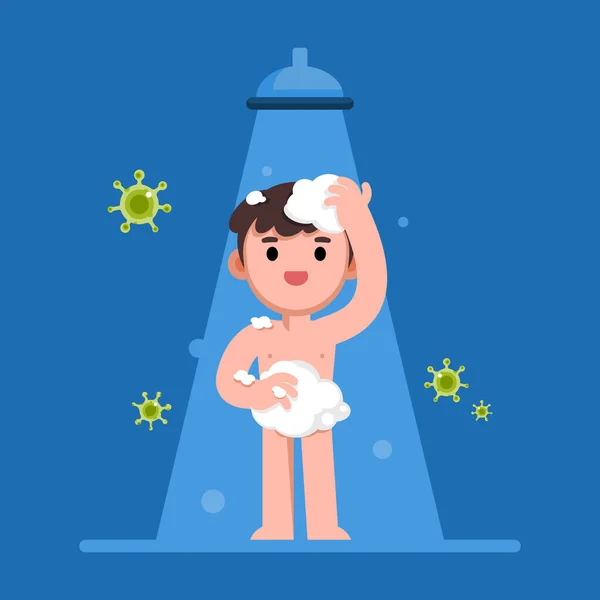 Hombre Feliz Tomando Ducha Cuarto Baño Protegido Contra Virus Vector — Vector de stock