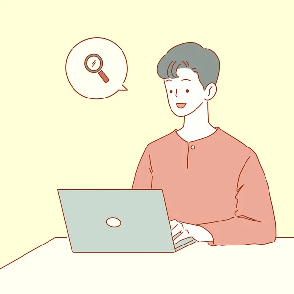 Szczęśliwy Młody Człowiek Pracujący Laptopie Wyszukiwania Freelance Workflow Komputerze Pomocą — Wektor stockowy