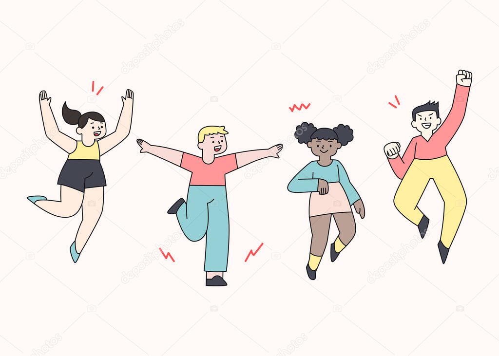 kids are jumping happily, enjoy freedom concept. flat design vector illustration