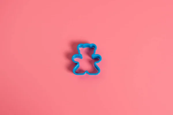 Blue Plastic Cookie Cutter Making Cookies Shape Teddy Bear Pink — Stock Photo, Image