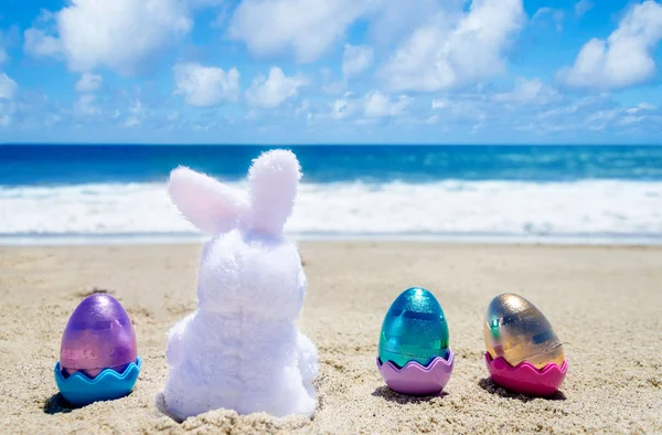 Okyanus plaj renk yumurtalı Paskalya tavşanı — Stok fotoğraf