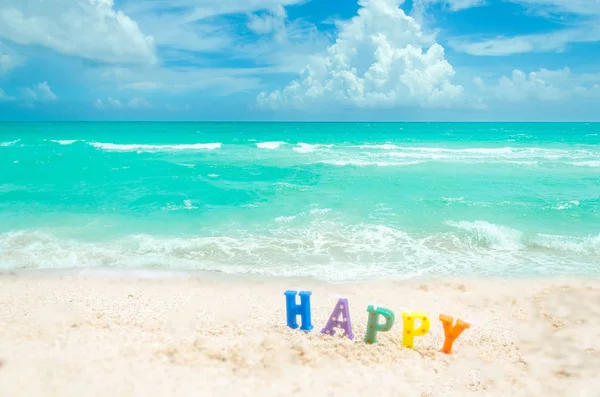 Schild "happy" am tropischen Strand von Miami — Stockfoto