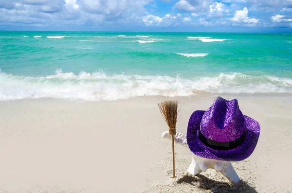在沙滩上的海星和扫帚万圣节背景 — 图库照片