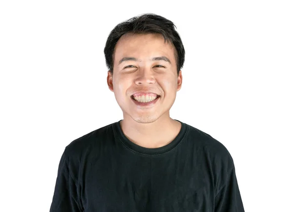 白い背景に黒のTシャツを着たアジア人男性の幸せと笑顔. — ストック写真