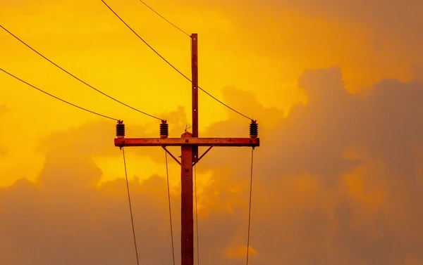 Electric poles with cables of electric on sunset background in e — Stock Photo, Image