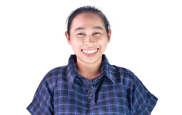 Mulher asiática sorrindo com o rosto feliz isolado no fundo branco. Bom conceito de saúde . — Fotografia de Stock