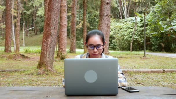 Boldog Alkalmi Szép Dolgozik Laptop Mosoly Kamera Miközben Nemzeti Parkban — Stock videók