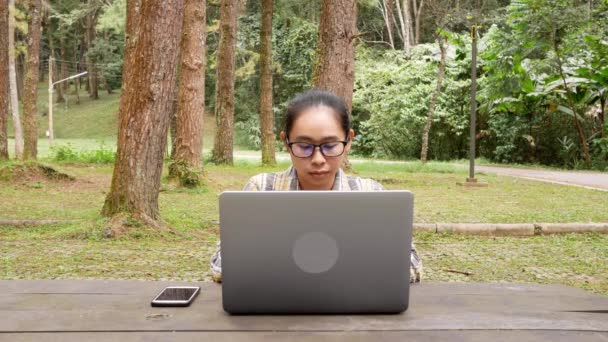 Boldog Alkalmi Szép Dolgozik Laptop Miközben Nemzeti Parkban — Stock videók