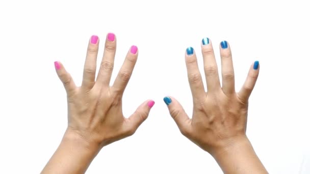 Close Hands Beautiful Female Paint Pink Blue Nails Isolated White — Stock Video