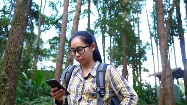 Young Woman Traveler Sitting Rock Searches Gps Coordinates Tablet Peak — Stock Video