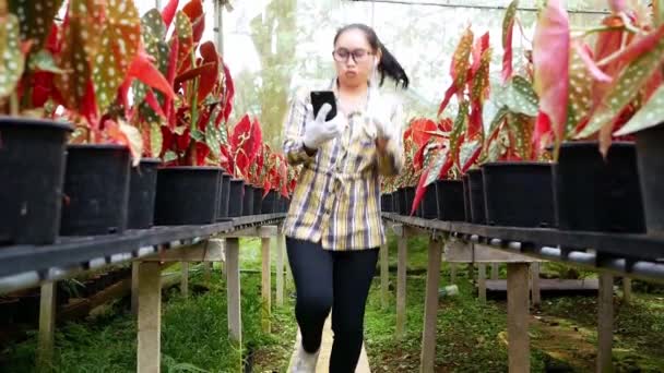 Glada Asiatiska Kvinnliga Trädgårdsmästare Lyssnar Musik Smartphone Samtidigt Som Arbetar — Stockvideo