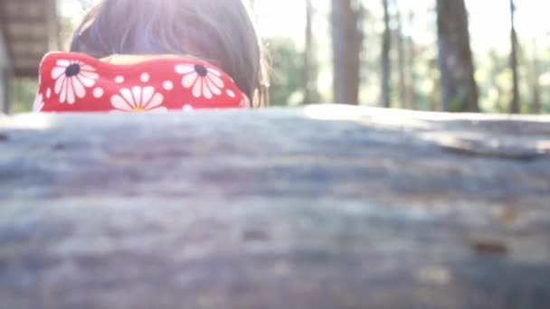 Feliz Niña Asiática Con Hermana Jugando Juntos Bosque Pinos Día — Vídeo de stock