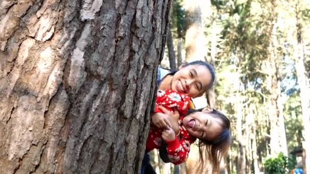 Felice Asiatico Madre Figlia Peeking Fuori Sorriso Dietro Albero Pineta — Video Stock