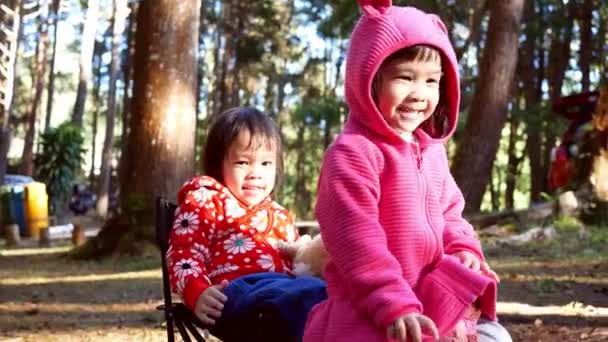 Niña Asiática Sentada Silla Jugando Con Hermana Mientras Acampaba Bosque — Vídeo de stock