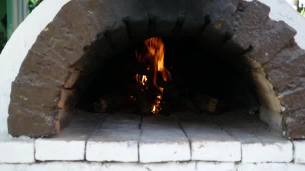 背景に木の炎と 調理や焼きピザのための伝統的な粘土オーブン — ストック動画