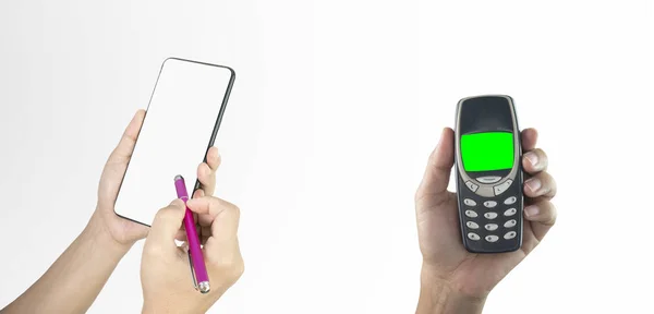 Fechar as mãos segurar telefone celular e smartphone com caneta digital — Fotografia de Stock