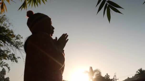 Silhueta Feliz Bela Jovem Apreciando Natureza Vista Com Frio Inverno — Vídeo de Stock