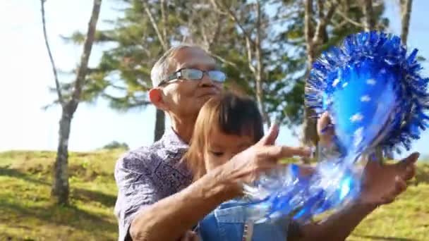 Entzückendes Kleines Mädchen Mit Neujahrshut Und Glücklichem Lächeln Garten Urlaub — Stockvideo