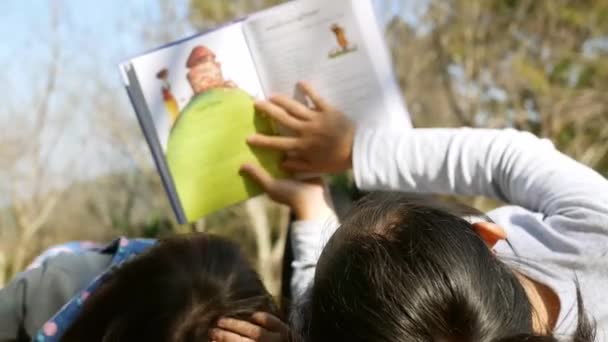 Asiatisk Mamma Läser Bok För Sin Dotter Vårträdgården Familj Tillbringa — Stockvideo