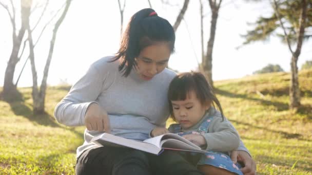 Ασιάτισσα Μητέρα Διαβάζει Ένα Βιβλίο Στην Κόρη Της Στον Ανοιξιάτικο — Αρχείο Βίντεο