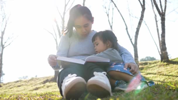 Ασιάτισσα Μητέρα Διαβάζει Ένα Βιβλίο Στην Κόρη Της Στον Ανοιξιάτικο — Αρχείο Βίντεο