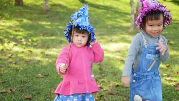 Adorable Little Child Girls Wearing New Year Party Hat Happy — Stock Video