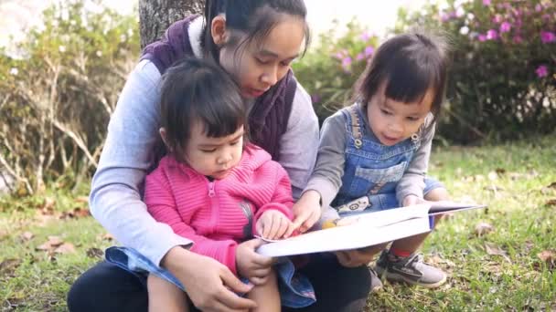春の庭で娘たちに本を読んでいるアジア系の母親 夏休みのピクニックに一緒に過ごす家族 — ストック動画