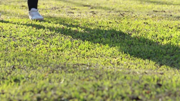 Close Shadow People Running Grass Asian Family Happy Relaxed Park — Stock Video