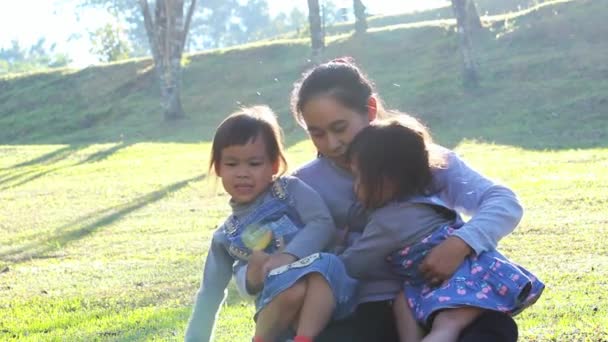 Familia Asiática Sentada Hierba Jardín Madre Tratando Reconciliar Los Hermanos — Vídeo de stock