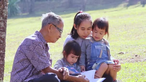 Азиатская Семья Счастлива Расслабиться Парке Открытом Воздухе Родители Дети Ходят — стоковое видео