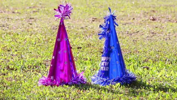 New Year Party Hat Placed Bright Green Grass Gentle Blow — Stock Video