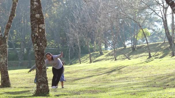 Asiatisk Familj Gärna Avslappnad Parken Utomhus Föräldrar Och Barn Tar — Stockvideo