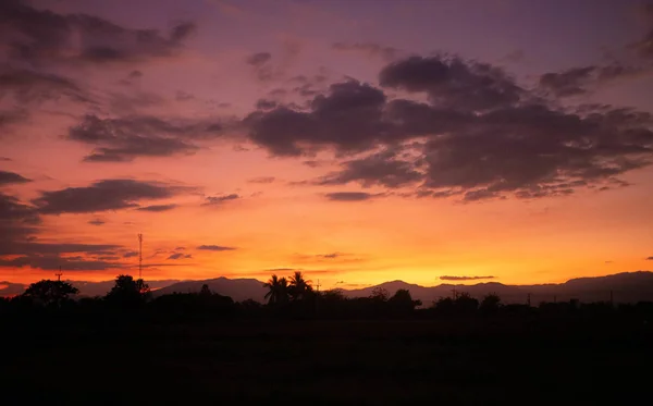 Прекрасні краєвиди заходу сонця над рисовими полями в сільській місцевості — стокове фото