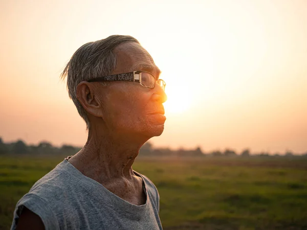Asian senior man jogging in the park on sunset background. Healt — Stockfoto