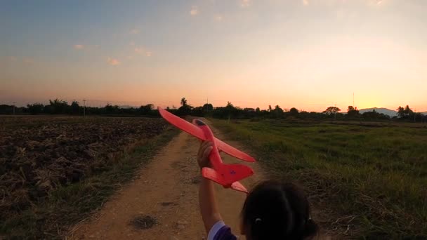 Movimento Lento Uma Menina Pequena Feliz Corre Com Avião Brinquedo — Vídeo de Stock